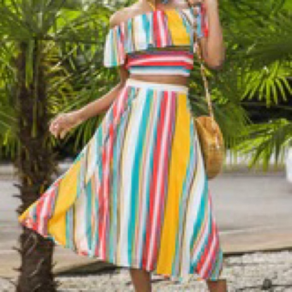 Red Dress Boutique multi color two-piece midi skirt off the shoulder